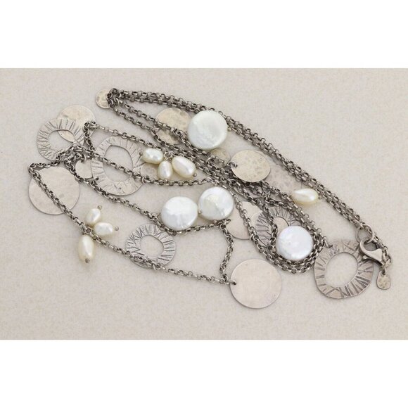 Sterling Silver Pearl & Disc Dangle Necklace Long 36" Silpada Pearl of a Girl - Picture 8 of 8